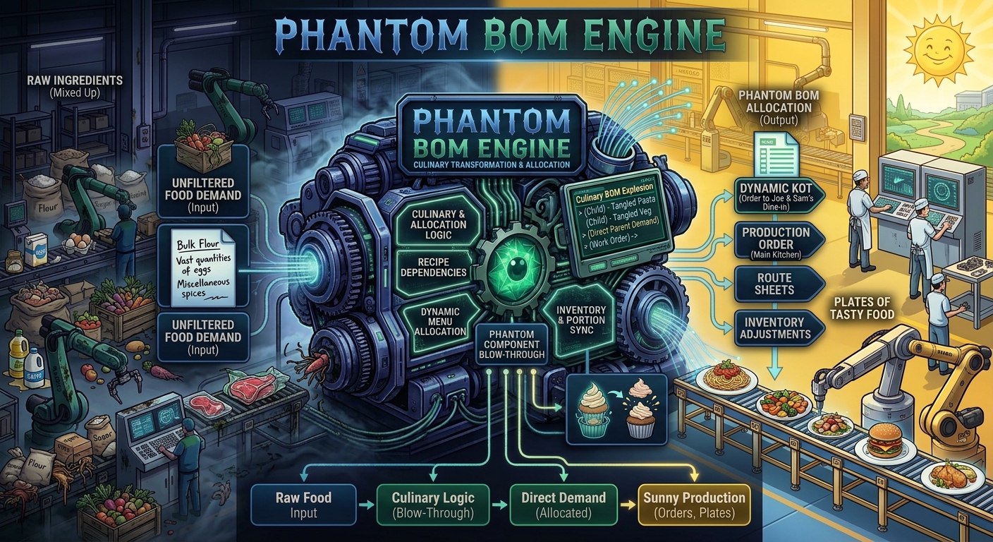 B.O.B Phantom BOM engine — automatic ingredient deduction across 51 recipes and 61 ingredients